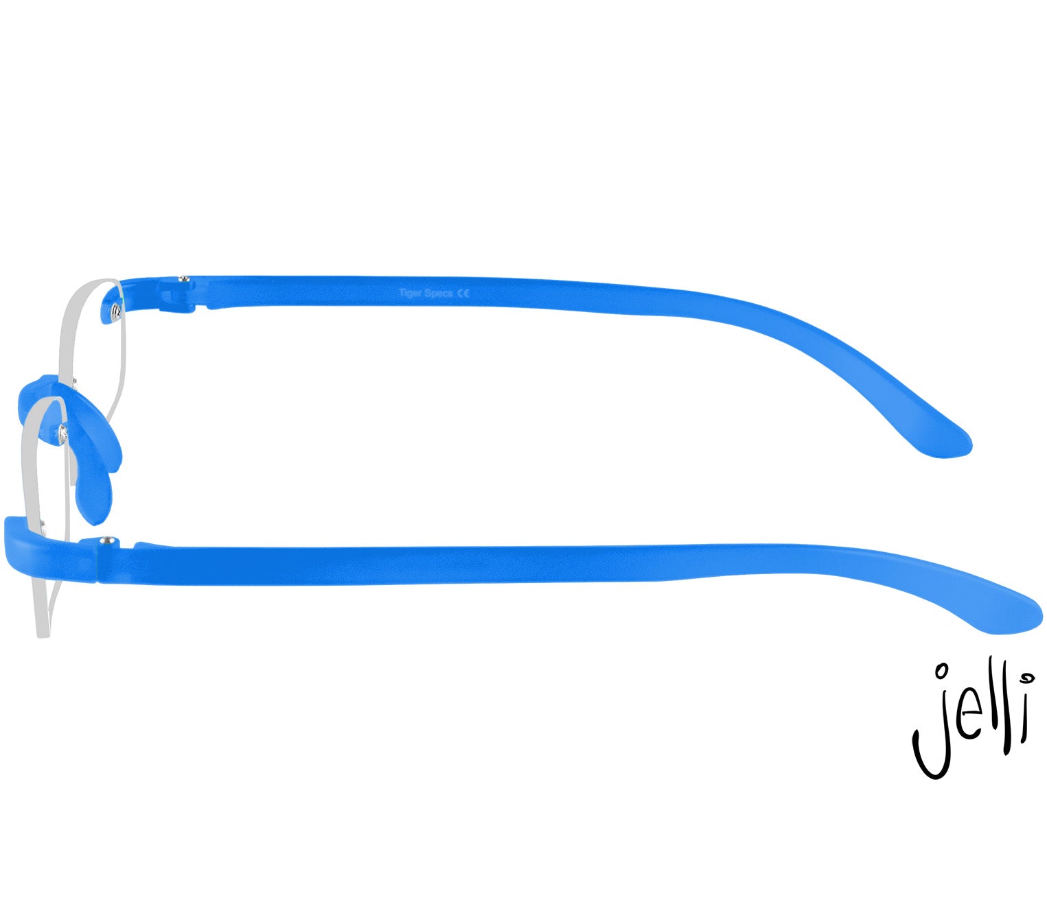 Jelli Neon (Blue) rimless, slim reading glasses with semi-translucent bright blue arms and bridge. Side view.
