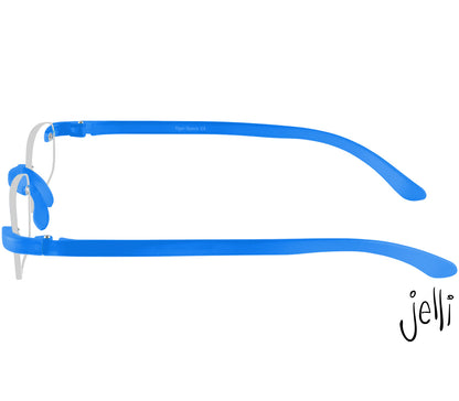 Jelli Neon (Blue) rimless, slim reading glasses with semi-translucent bright blue arms and bridge. Side view.