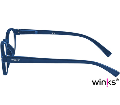Espresso (Blue) unisex reading glasses with a dark blue frame and round, retro lenses. Side view.