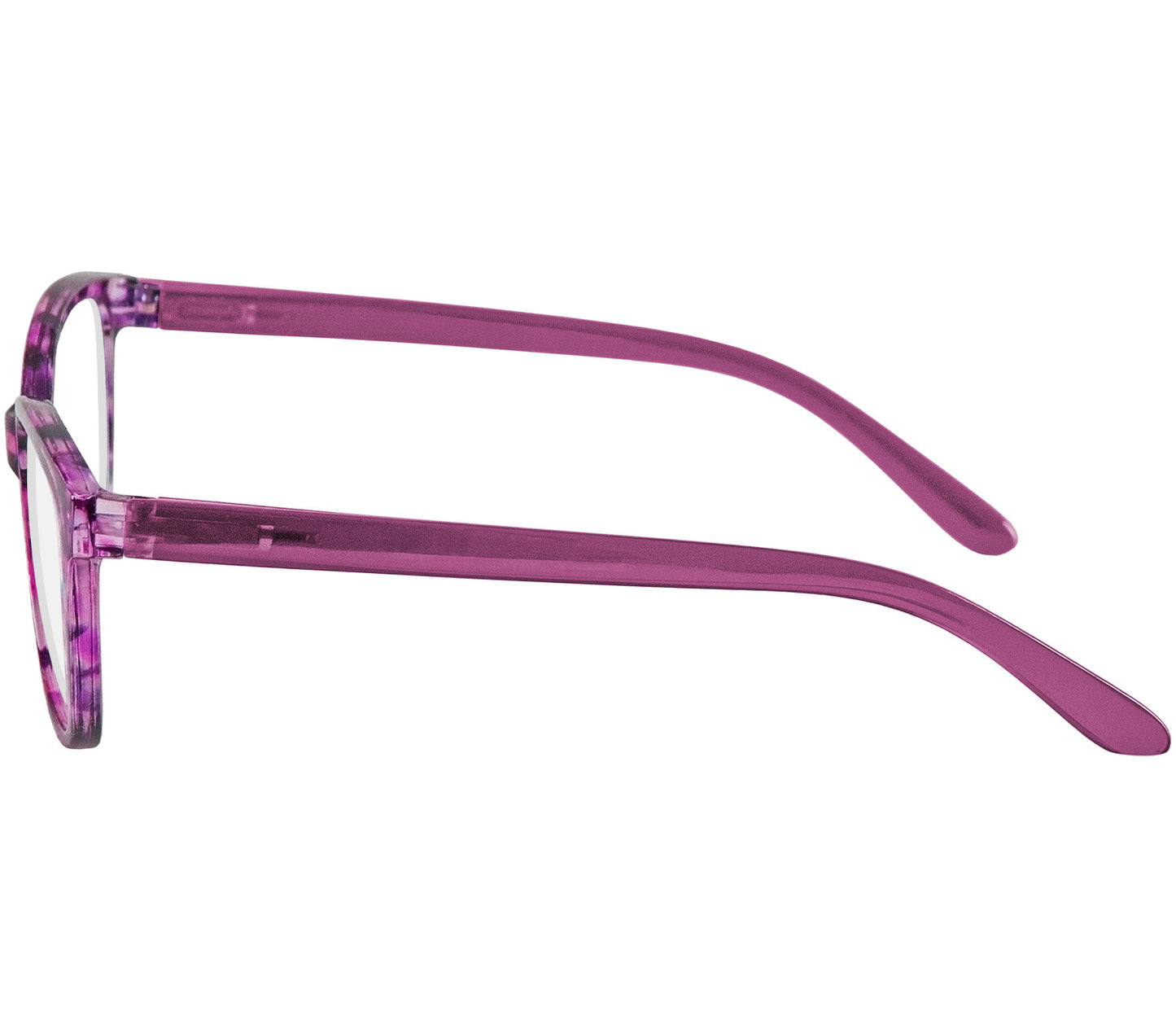 Courtney (Purple) women's cat eye shaped reading glasses with translucent purple frames. Side view.