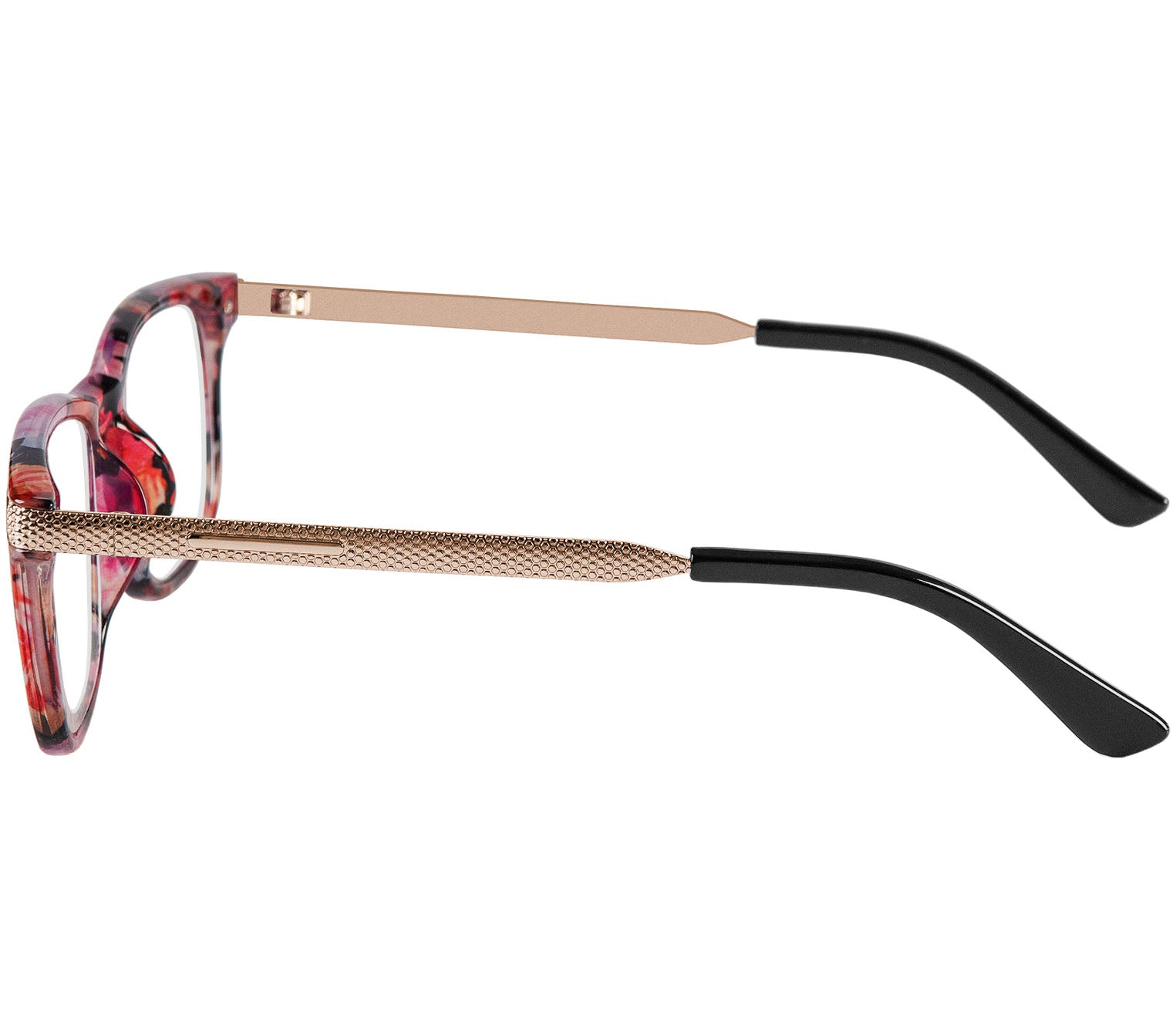 Lima (Multi-coloured) classic style, unisex reading glasses with oval lenses. Translucent, delicate floral patterned frames and gold arms. Side view.