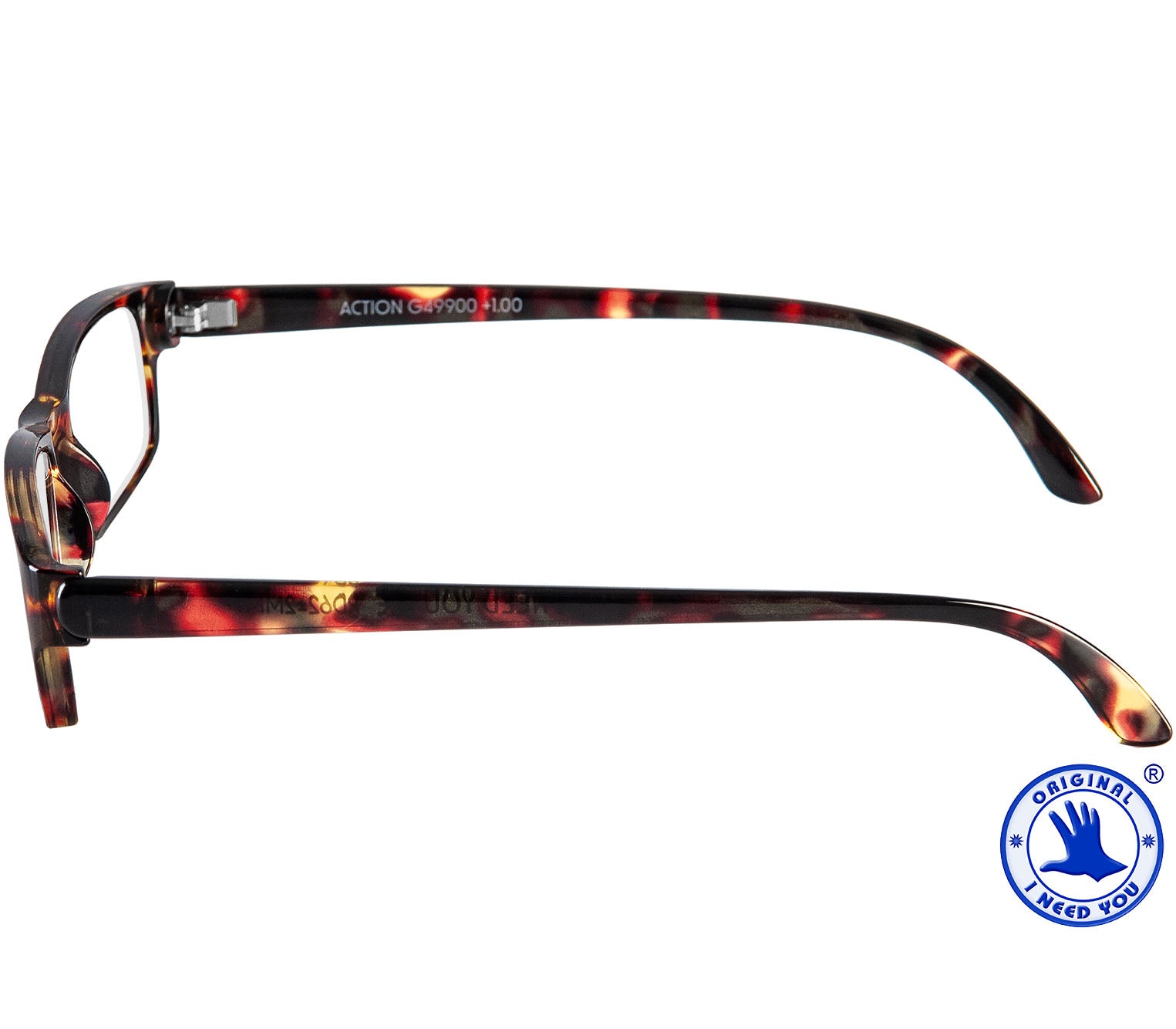 Action (Tortoiseshell) unisex reading glasses. Classic shaped glasses with a tortoiseshell translucent finish. Side view.