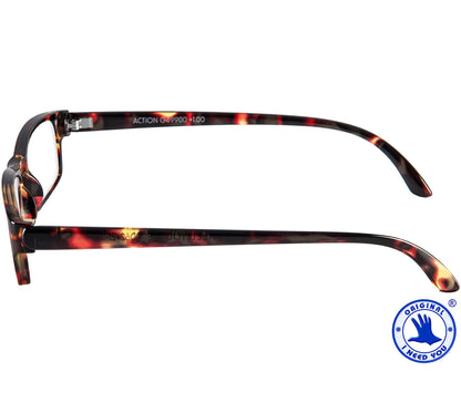 Action (Tortoiseshell) unisex reading glasses. Classic shaped glasses with a tortoiseshell translucent finish. Side view.