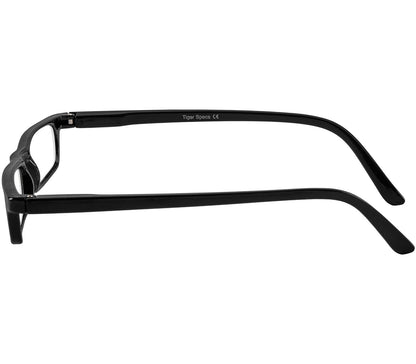 Mylo (Black) classic shape, slim reading glasses with black glossy frame. Side view.