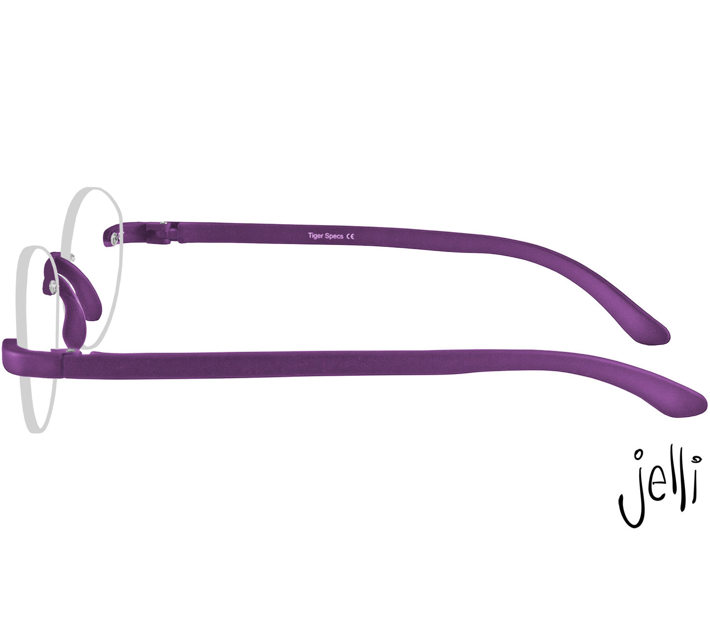 Jelli Solo (Purple) round, rimless reading glasses with matt finish, deep purple details. Side view.