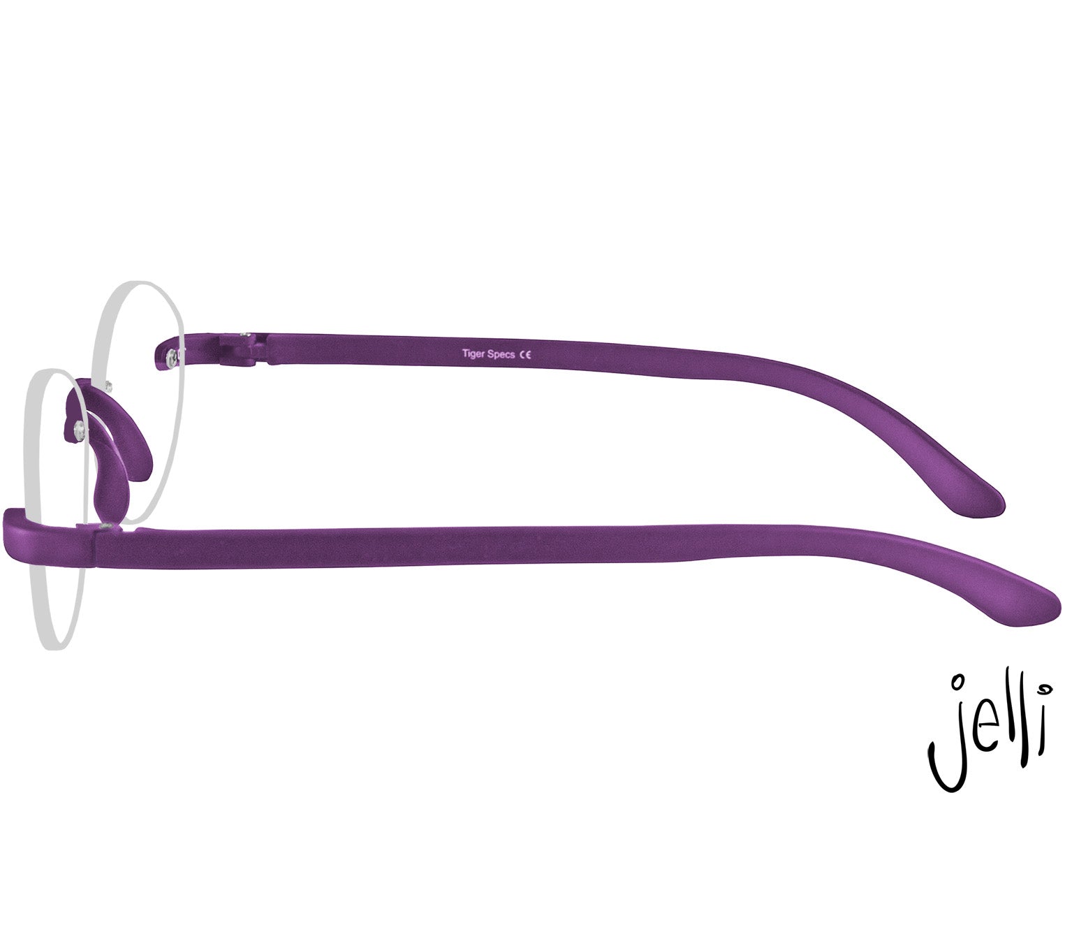 Jelli Solo (Purple) round, rimless reading glasses with matt finish, deep purple details. Side view.