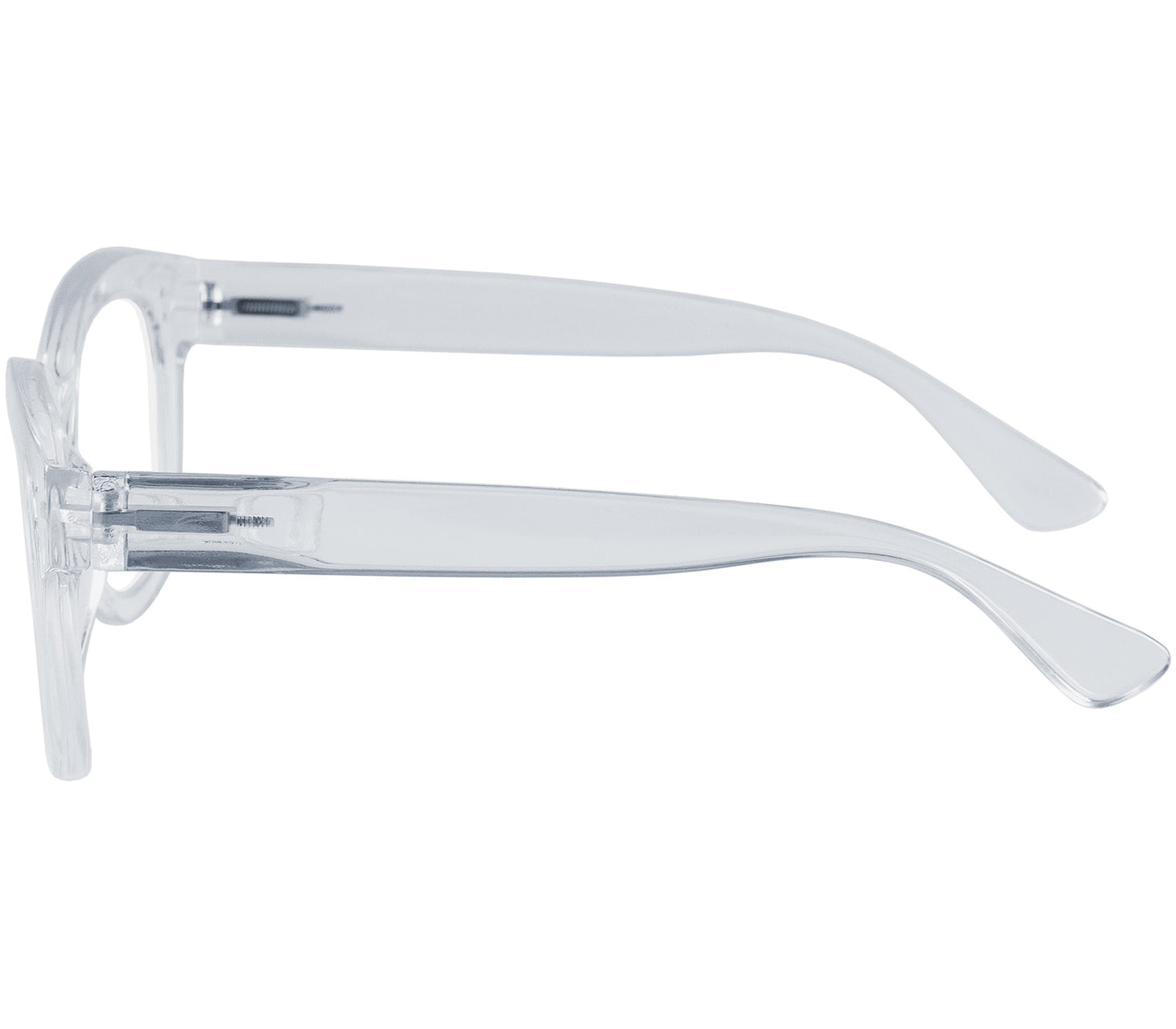 Paris (Clear) oversized, cat eye shaped women's reading glasses with a translucent frame and rivet details. Side view.