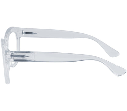 Paris (Clear) oversized, cat eye shaped women's reading glasses with a translucent frame and rivet details. Side view.