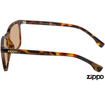 Malibu (Tortoiseshell) classic wayfarer sunglasses in a glossy tortoiseshell frame with gold details. Oversized brown tinted lenses. Side view.
