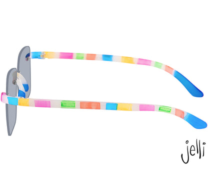 Jelli Sun (Multi Tortoise) unisex sun reading glasses with large square lenses and multicoloured, tortoiseshell arms and details. Front view.