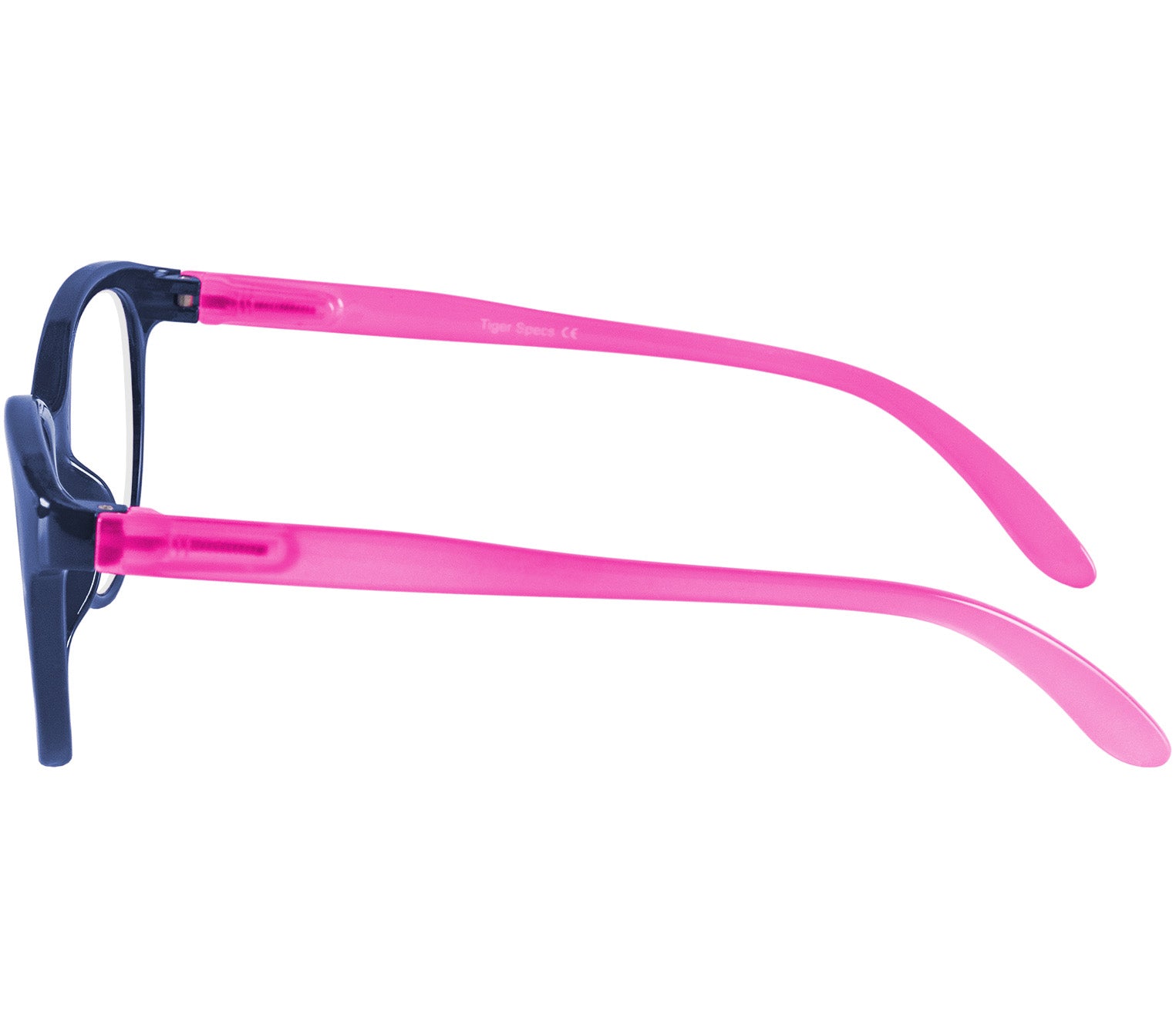 Angel (Blue) womens cat eye style reading glasses with blue frames and pink arms. Side view.