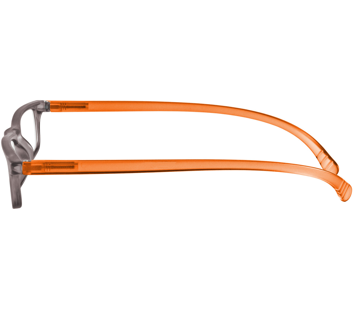 Jam (Orange) slender, rectangular unisex reading glasses with extra long arms to hang around your neck when not in use. Side view.