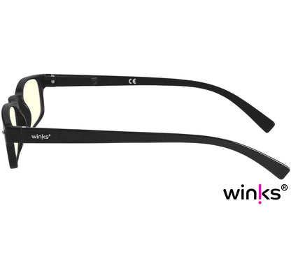 London Digital (Black) classic rectangular and slim unisex blue light reading glasses in a glossy black finish. Side view.