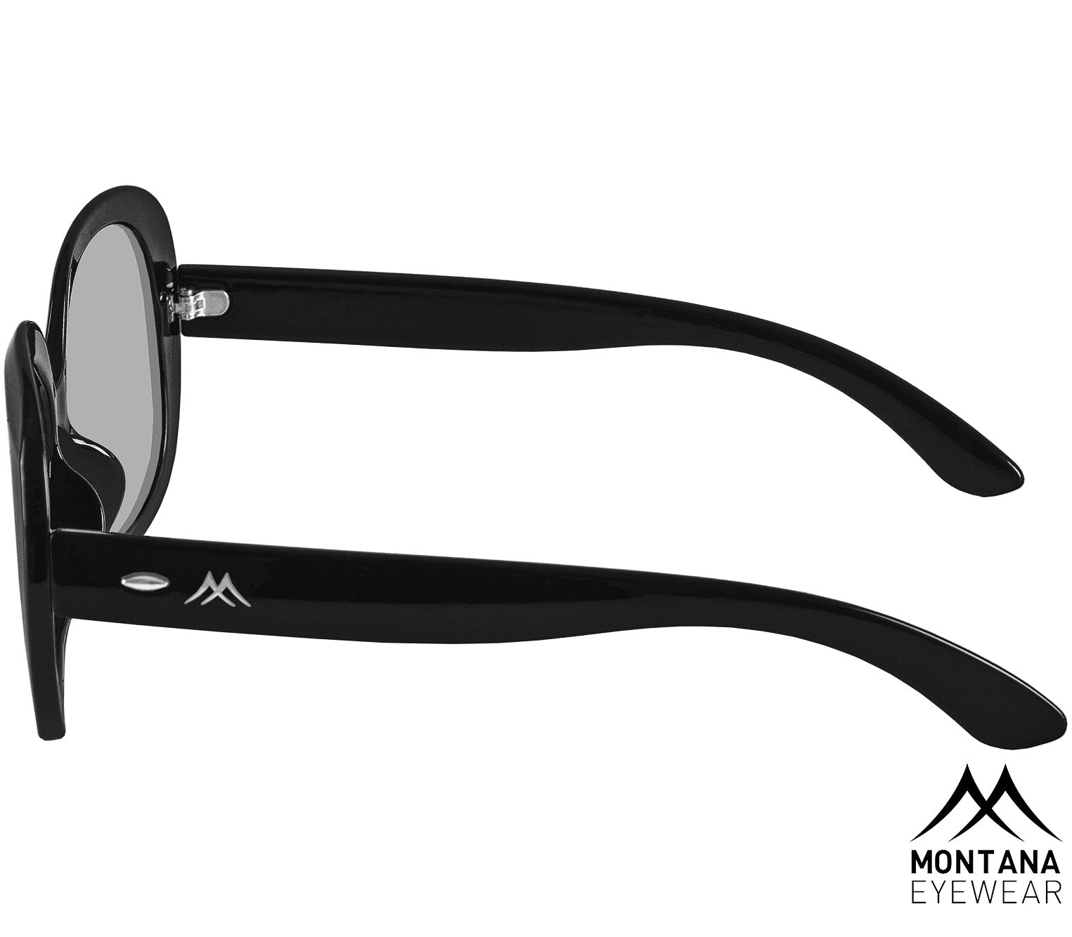 Bella (Black) oversized retro sunglasses with large round grey tinted lenses. Rivet details and a glossy black frame. Side view.