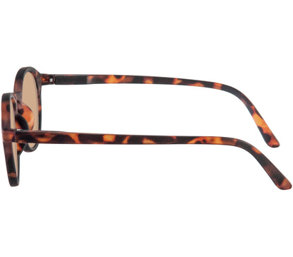 Modena (Tortoiseshell) round lens retro sunglasses with a slender, dark tortoiseshell frame and brown tinted lenses. Side view.