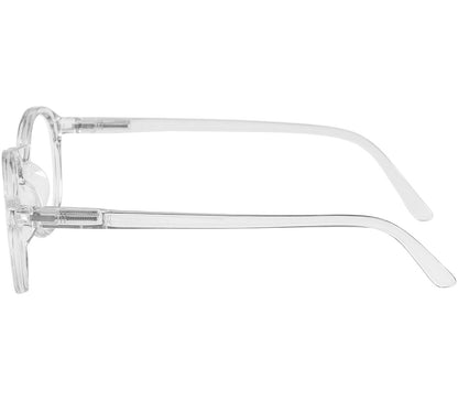 Oskar (Clear) unisex reading glasses with large round lenses and a clear frame. Side view.