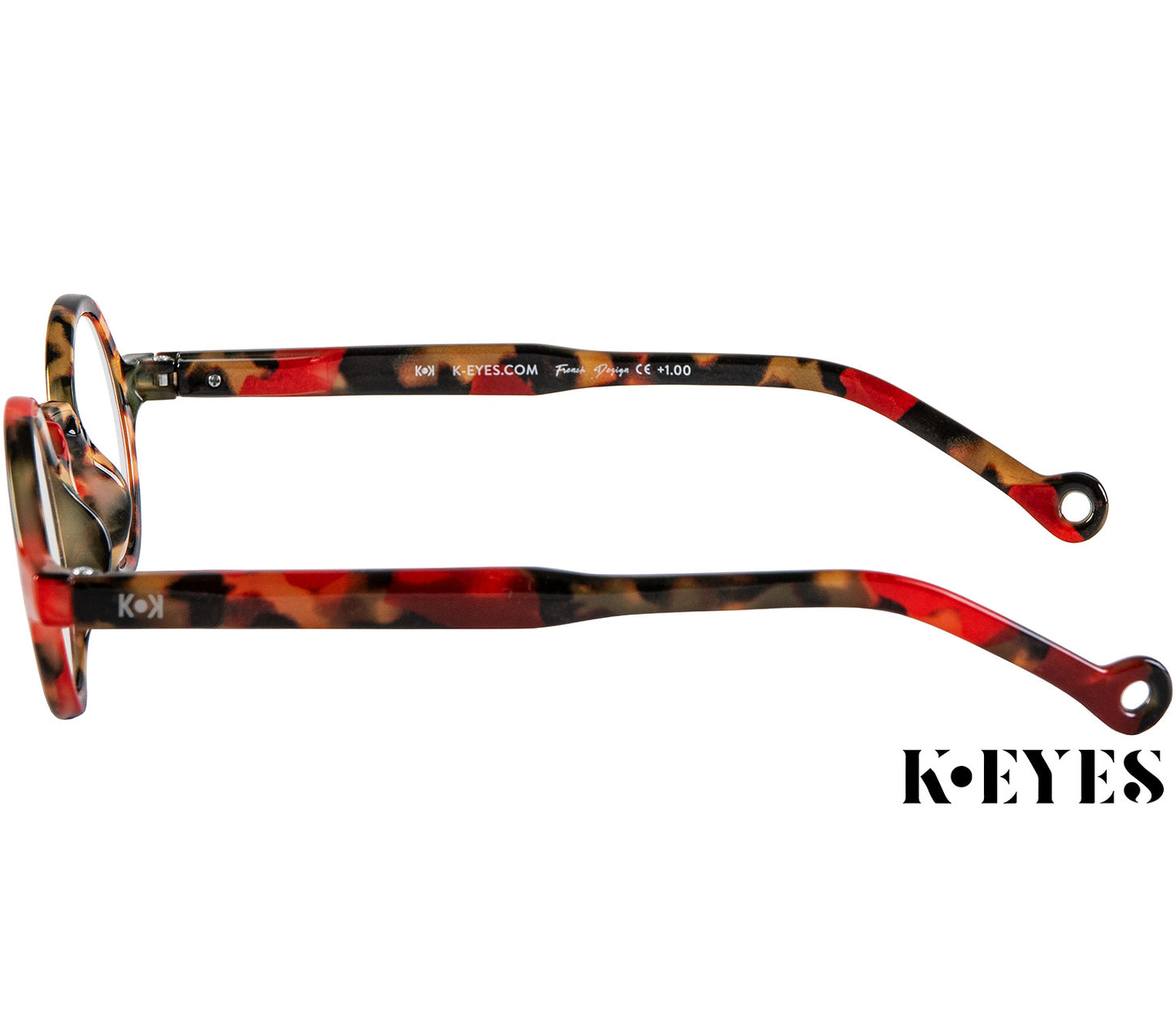 Snowball (Red Tortoise) vintage style unisex reading glasses with round lenses and luxury red tortoiseshell frame. Side view.