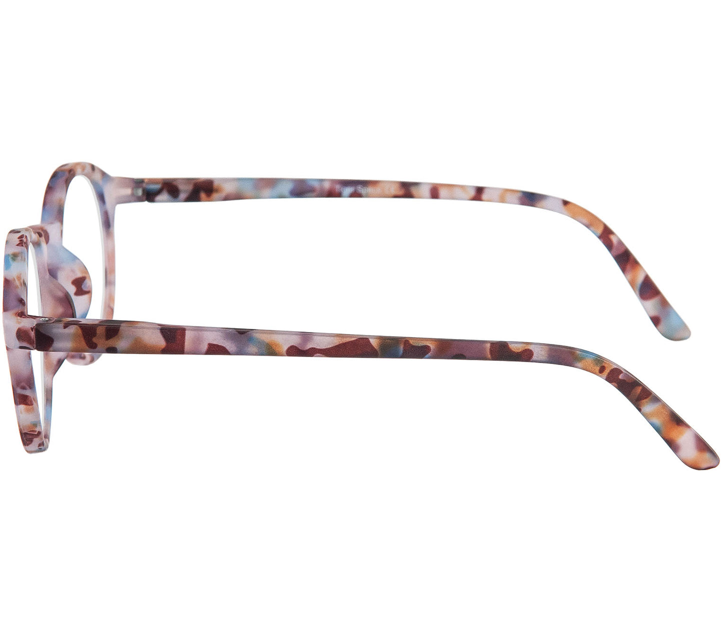 Oskar (Multi Tortoise) unisex reading glasses with large round lenses and a colourful tortoiseshell frame. Side view.
