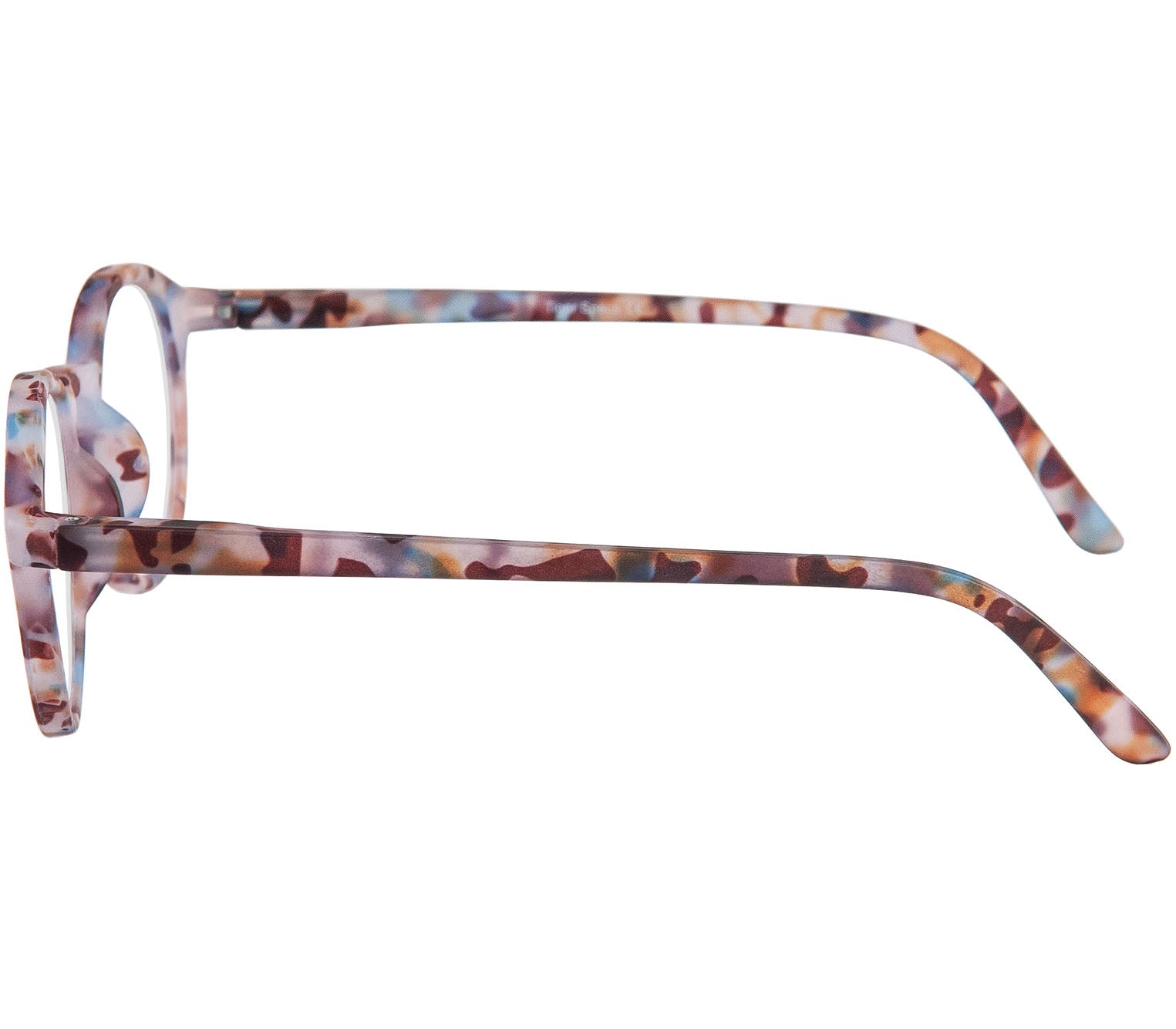 Oskar (Multi Tortoise) unisex reading glasses with large round lenses and a colourful tortoiseshell frame. Side view.