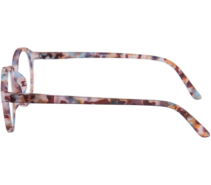 Oskar (Multi Tortoise) unisex reading glasses with large round lenses and a colourful tortoiseshell frame. Side view.