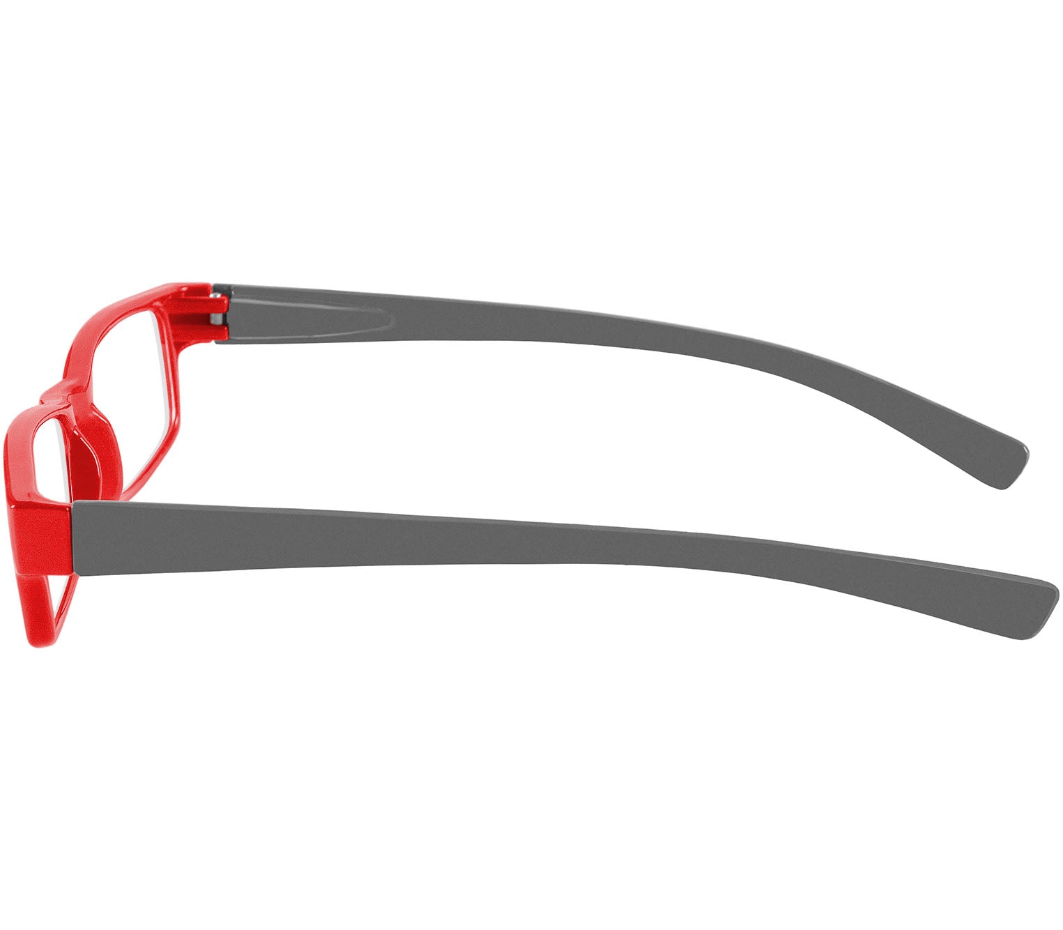 Magic (Red) classic slim unisex reading glasses in a glossy red and grey finish. Side view.