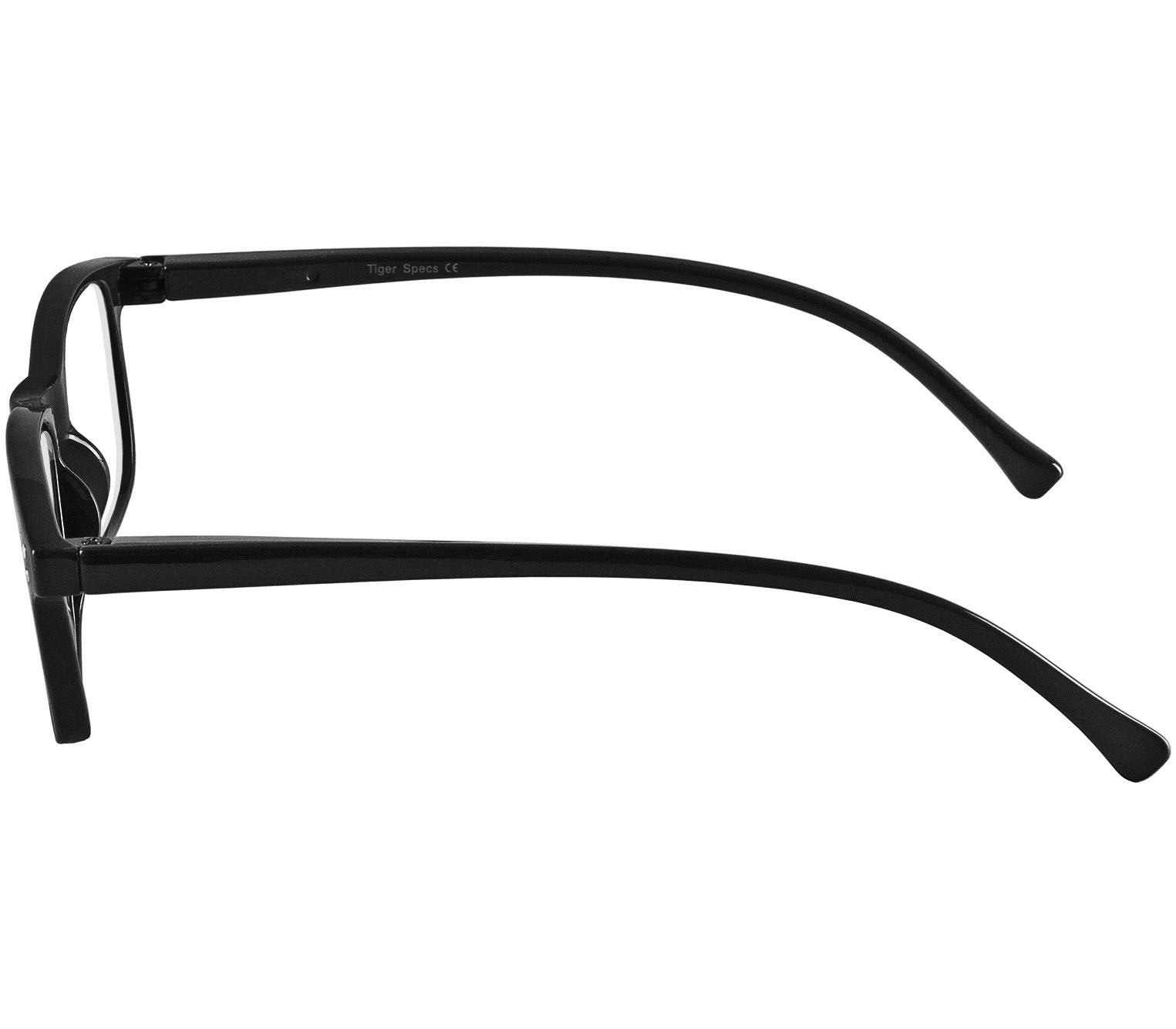 Eclipse (Black) classic shaped unisex reading glasses with oval lenses and a gloss black frame. Side view.