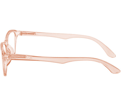 Echo (Orange) classic shaped unisex reading glasses with a pale orange, translucent frame. Side view.