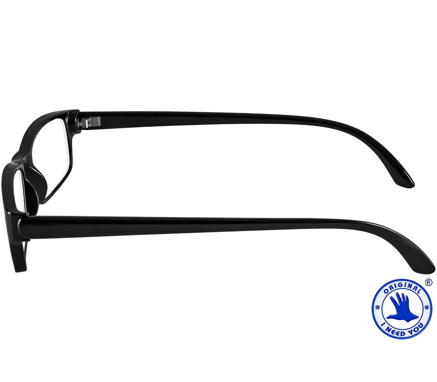 Action (Black) unisex reading glasses. Classic shaped glasses with a black glossy finish. Side view.