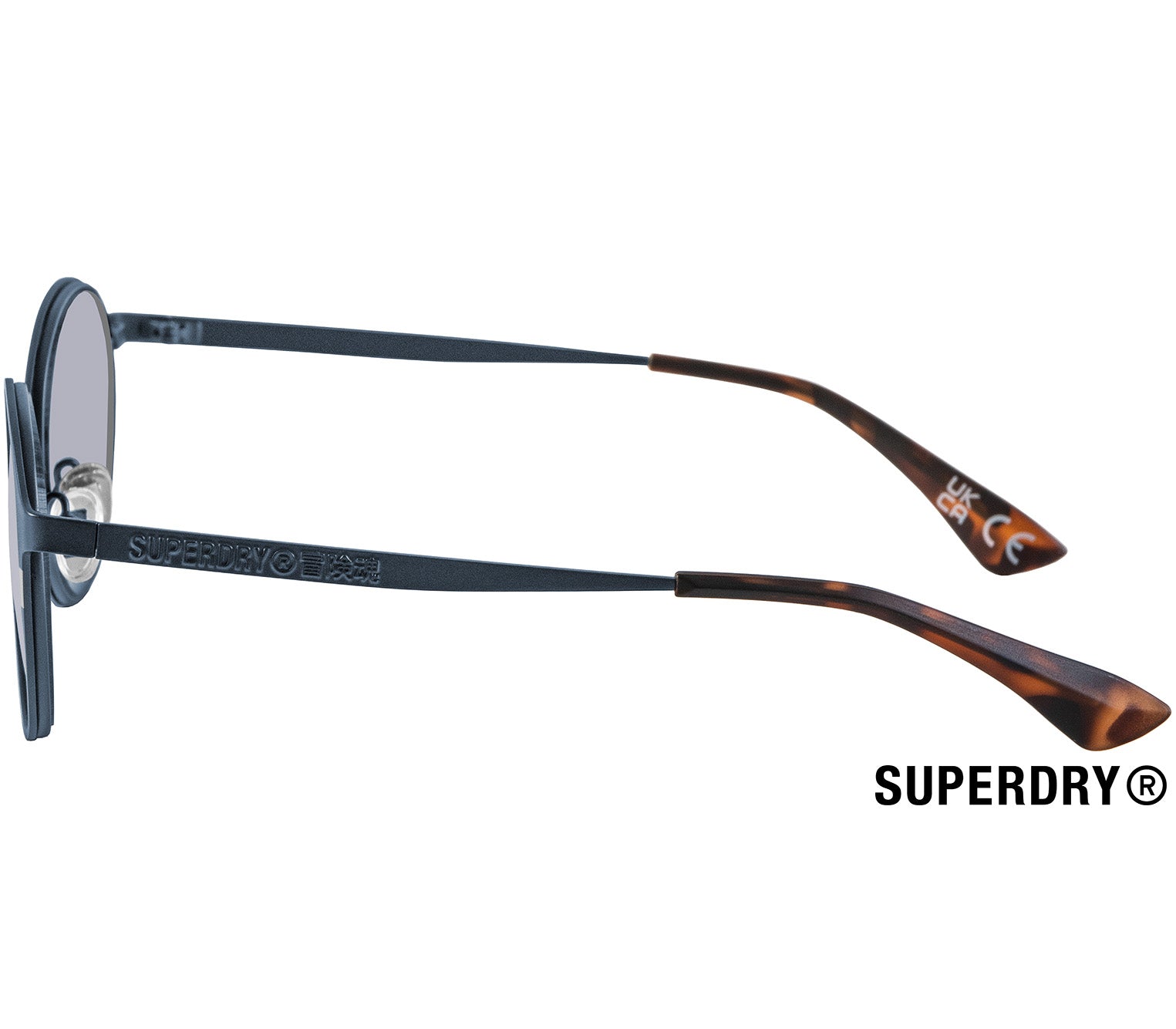 Boss (Blue) retro style sunglasses by Superdry. Navy blue metal frames and slender arms. Side view.