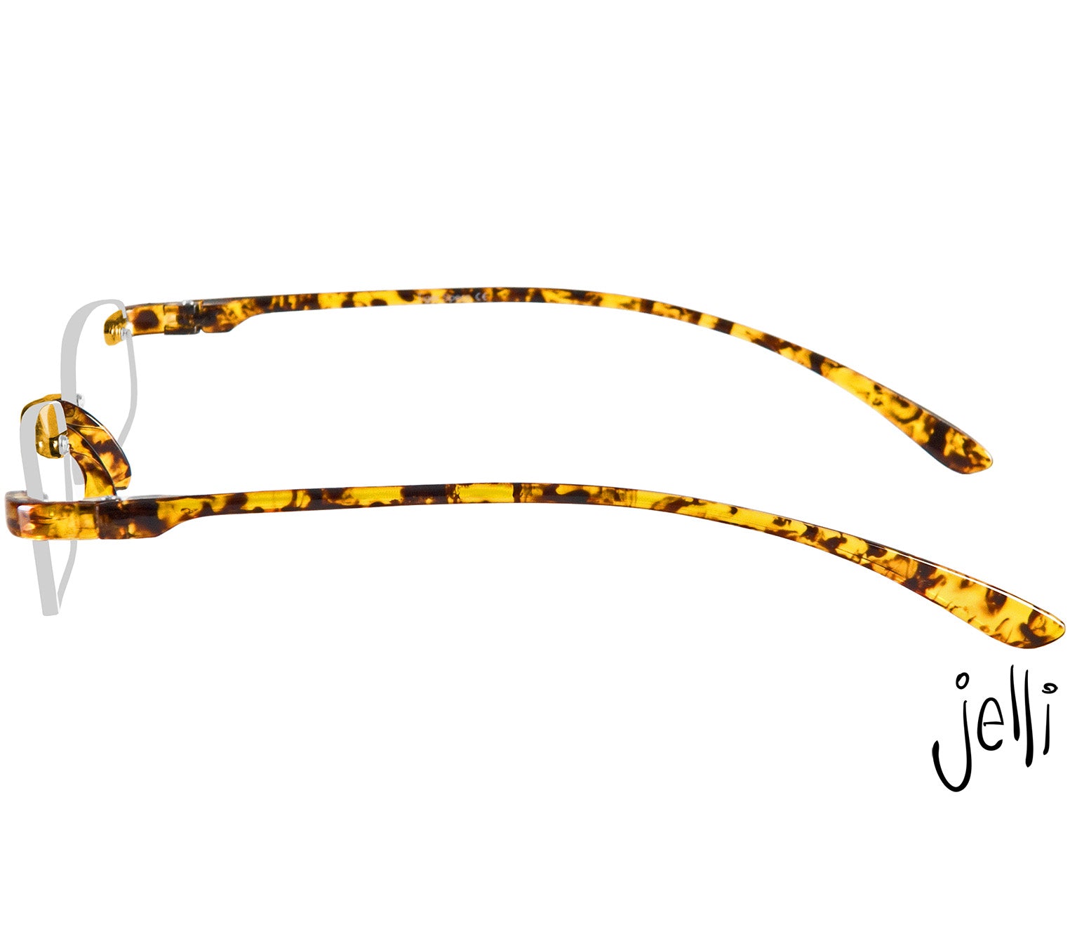 Jelli (Tortoiseshell) rimless, slim reading glasses with semi-translucent, tortoiseshell arms and bridge. Side view.
