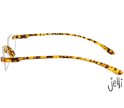 Jelli (Tortoiseshell) rimless, slim reading glasses with semi-translucent, tortoiseshell arms and bridge. Side view.