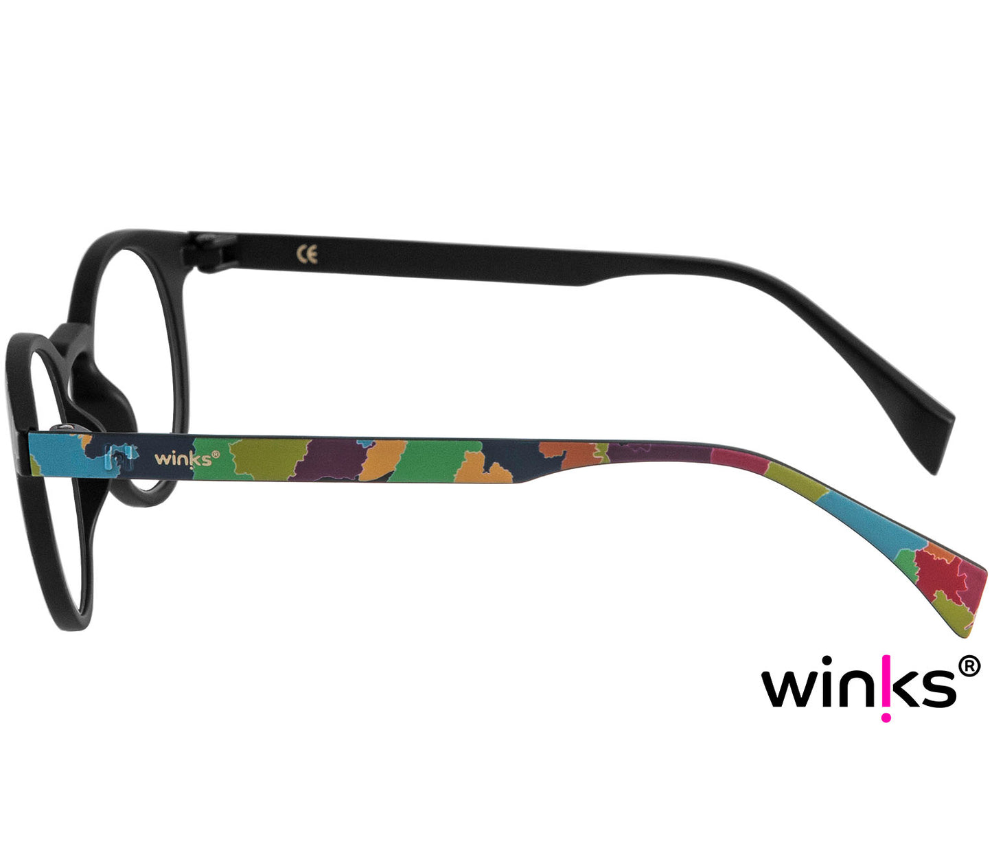 Fantasy (Multi-coloured) unisex, multicoloured reading glasses with a distinctive pattern and classic shaped round lenses. Side view.