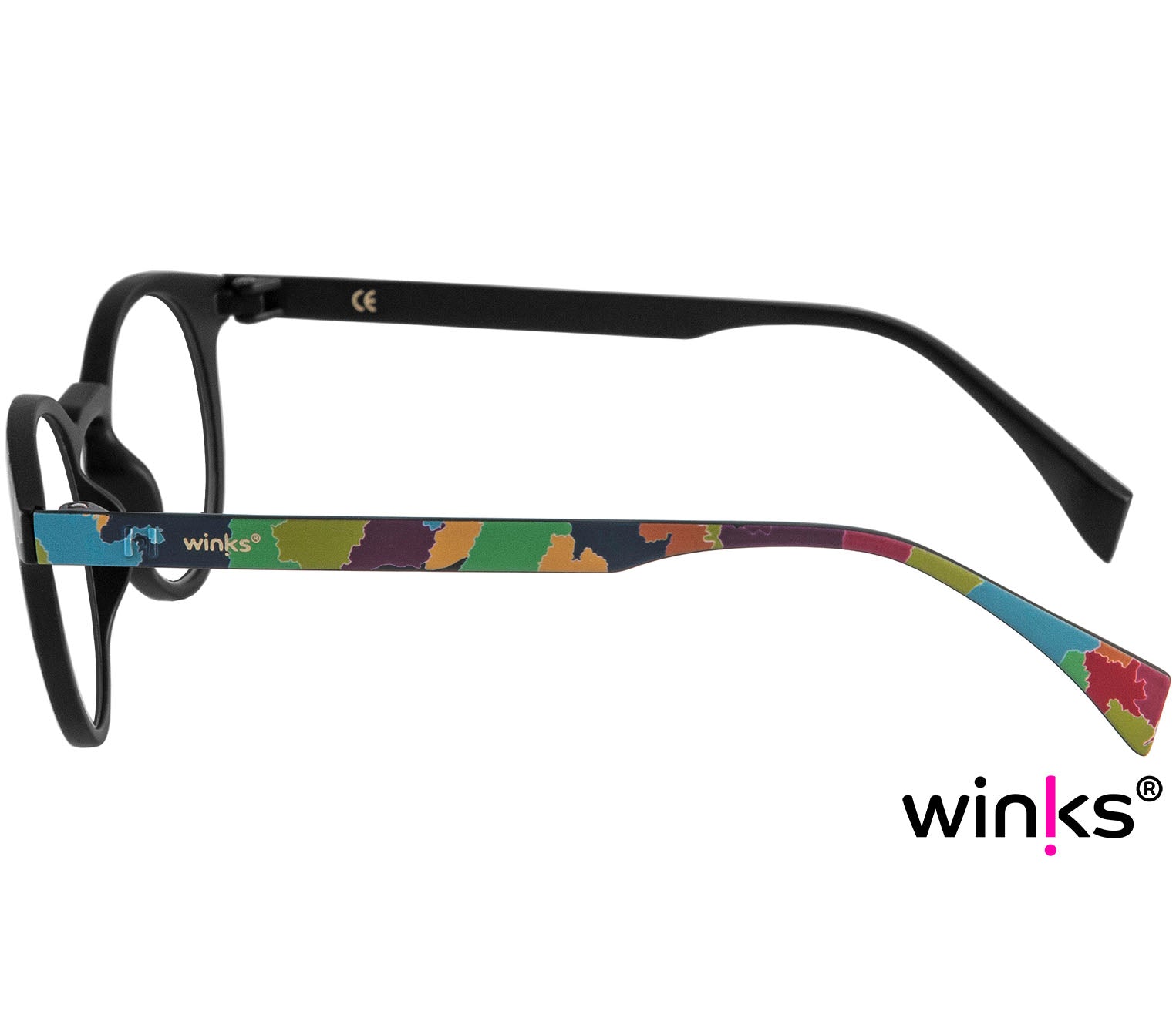 Fantasy (Multi-coloured) unisex, multicoloured reading glasses with a distinctive pattern and classic shaped round lenses. Side view.