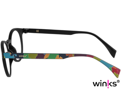 Fantasy (Multi-coloured) unisex, multicoloured reading glasses with a distinctive pattern and classic shaped round lenses. Side view.