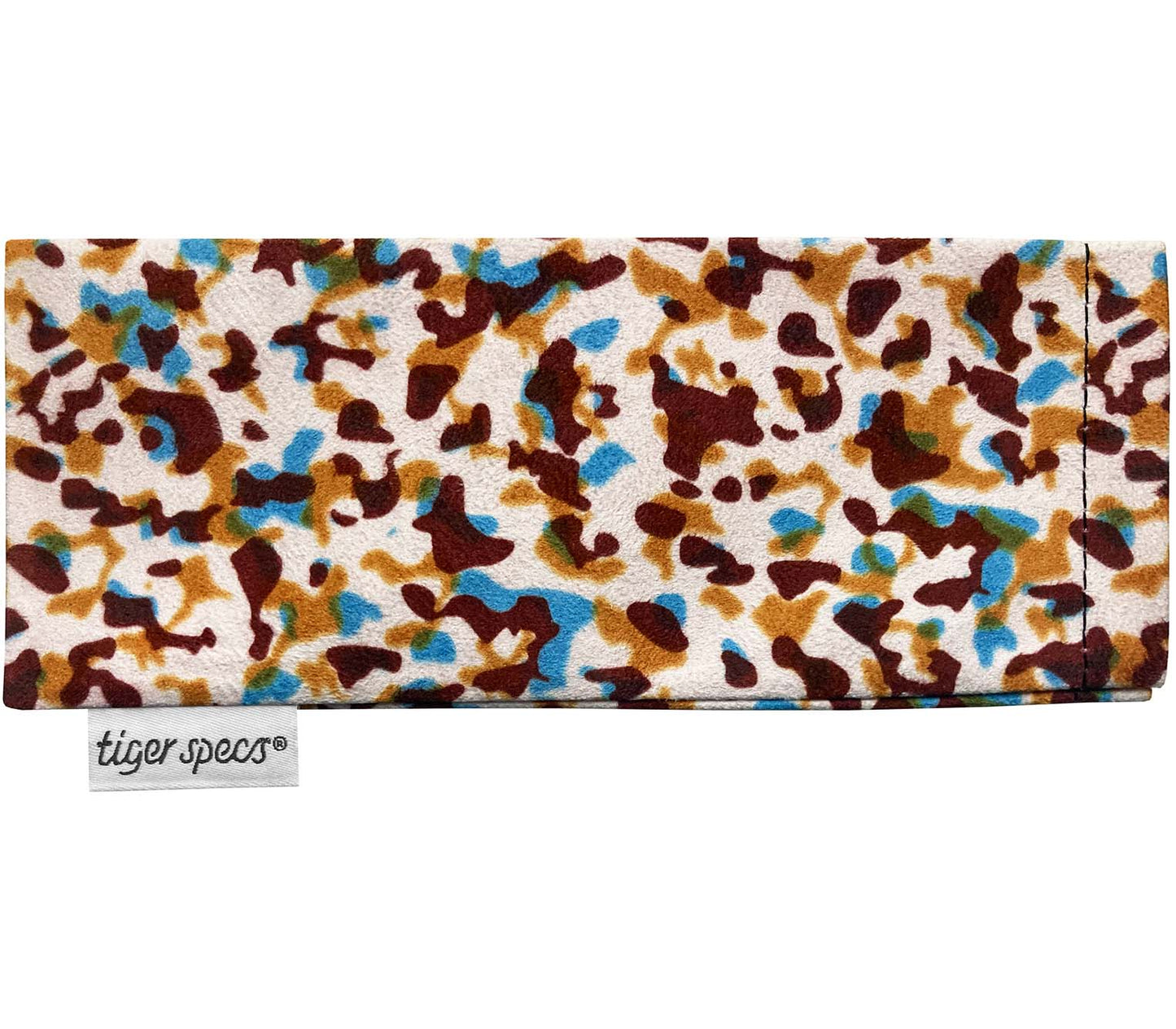 Colourful animal print soft glasses pouch with Tiger Specs branding.