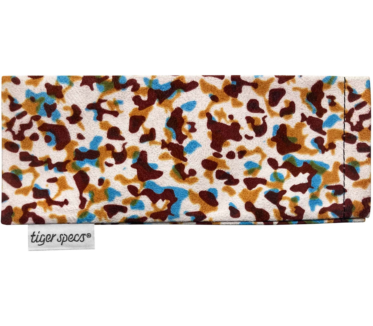 Colourful animal print soft glasses pouch with Tiger Specs branding.