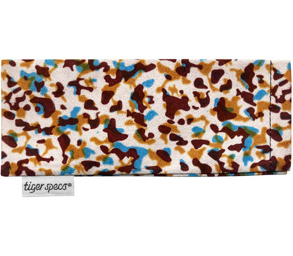 Colourful animal print soft glasses pouch with Tiger Specs branding.