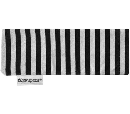 Black and white striped soft glasses pouch with Tiger Specs branding.