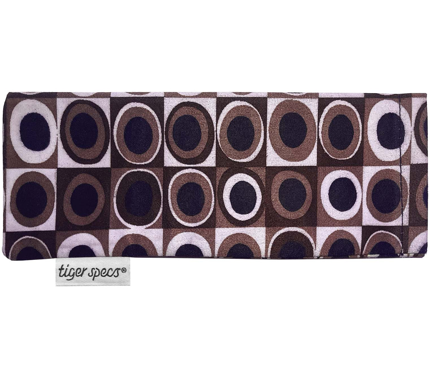 Retro pattern soft glasses pouch with Tiger Specs branding.