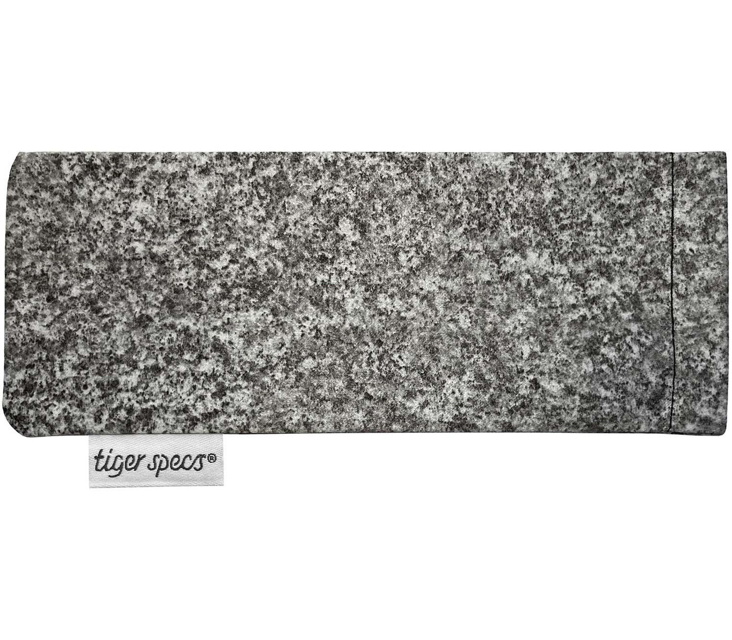 Grey stone pattern soft glasses pouch with Tiger Specs branding.