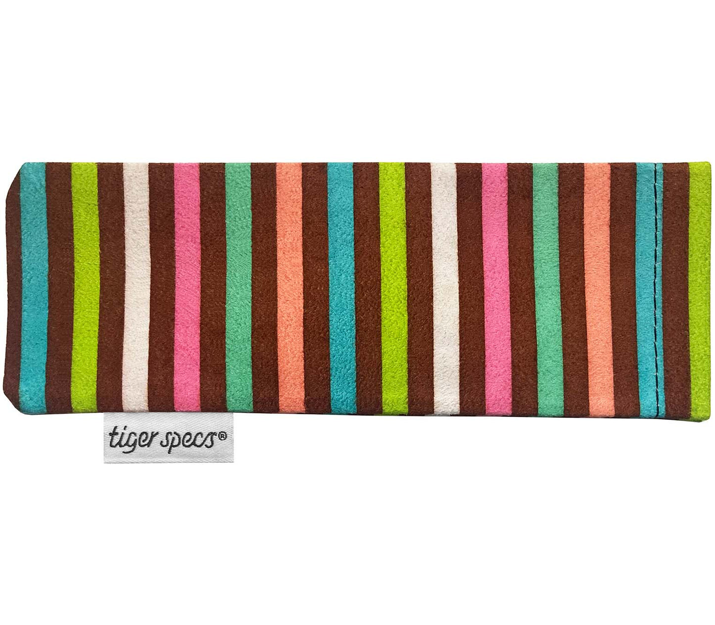 Multicoloured striped soft glasses pouch with Tiger Specs branding.