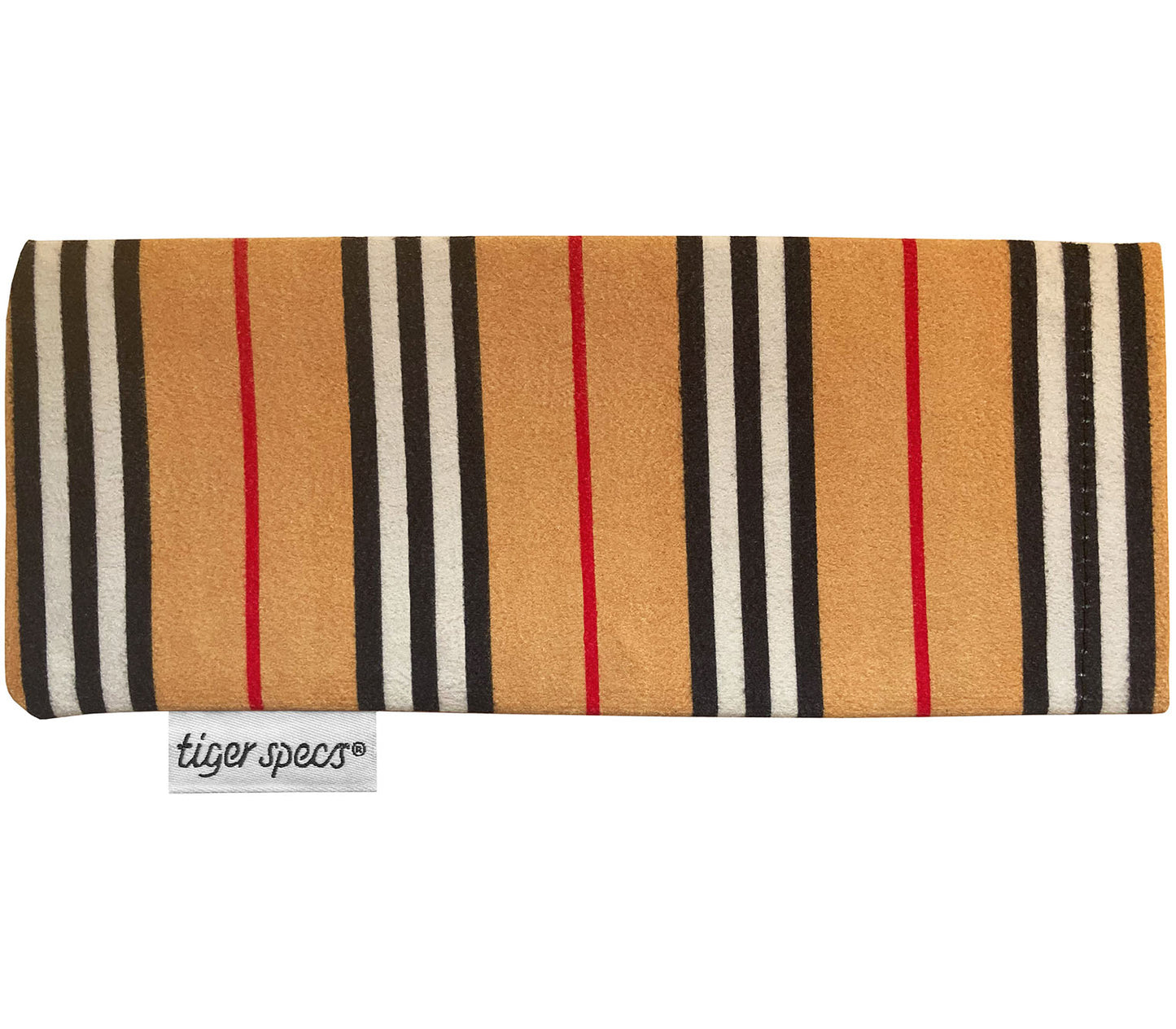 Striped pale brown and red soft glasses pouch with Tiger Specs branding.