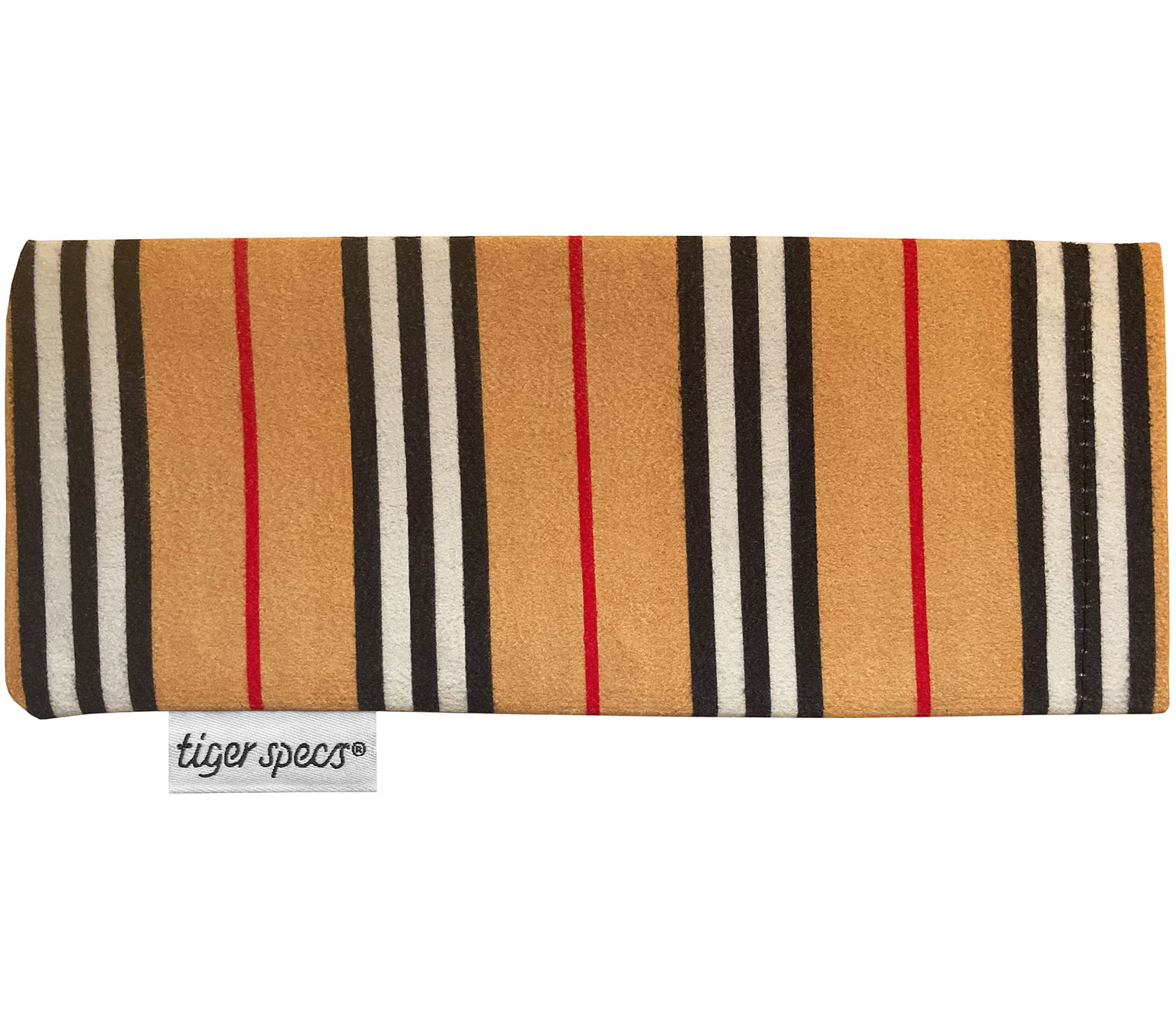 Striped pale brown and red soft glasses pouch with Tiger Specs branding.