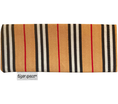 Striped pale brown and red soft glasses pouch with Tiger Specs branding.