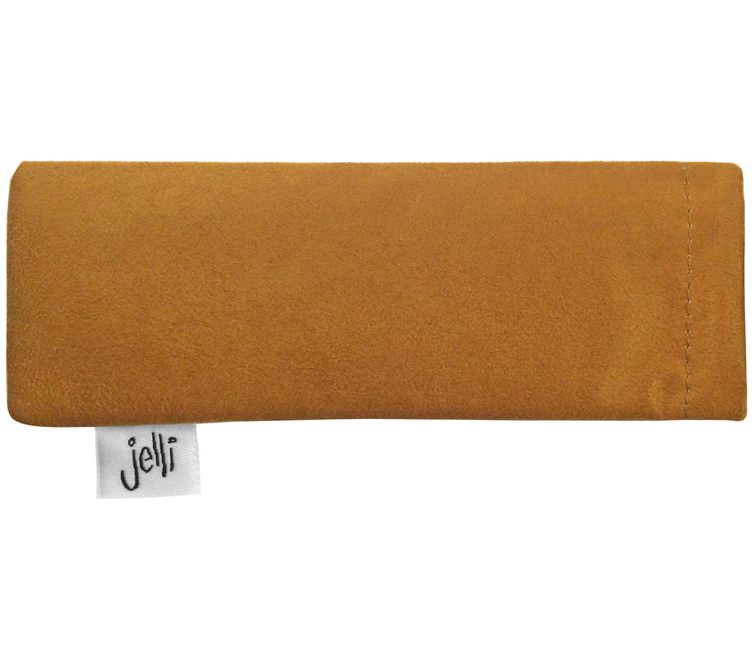 Brown faux suede soft glasses pouch with Jelli branding.