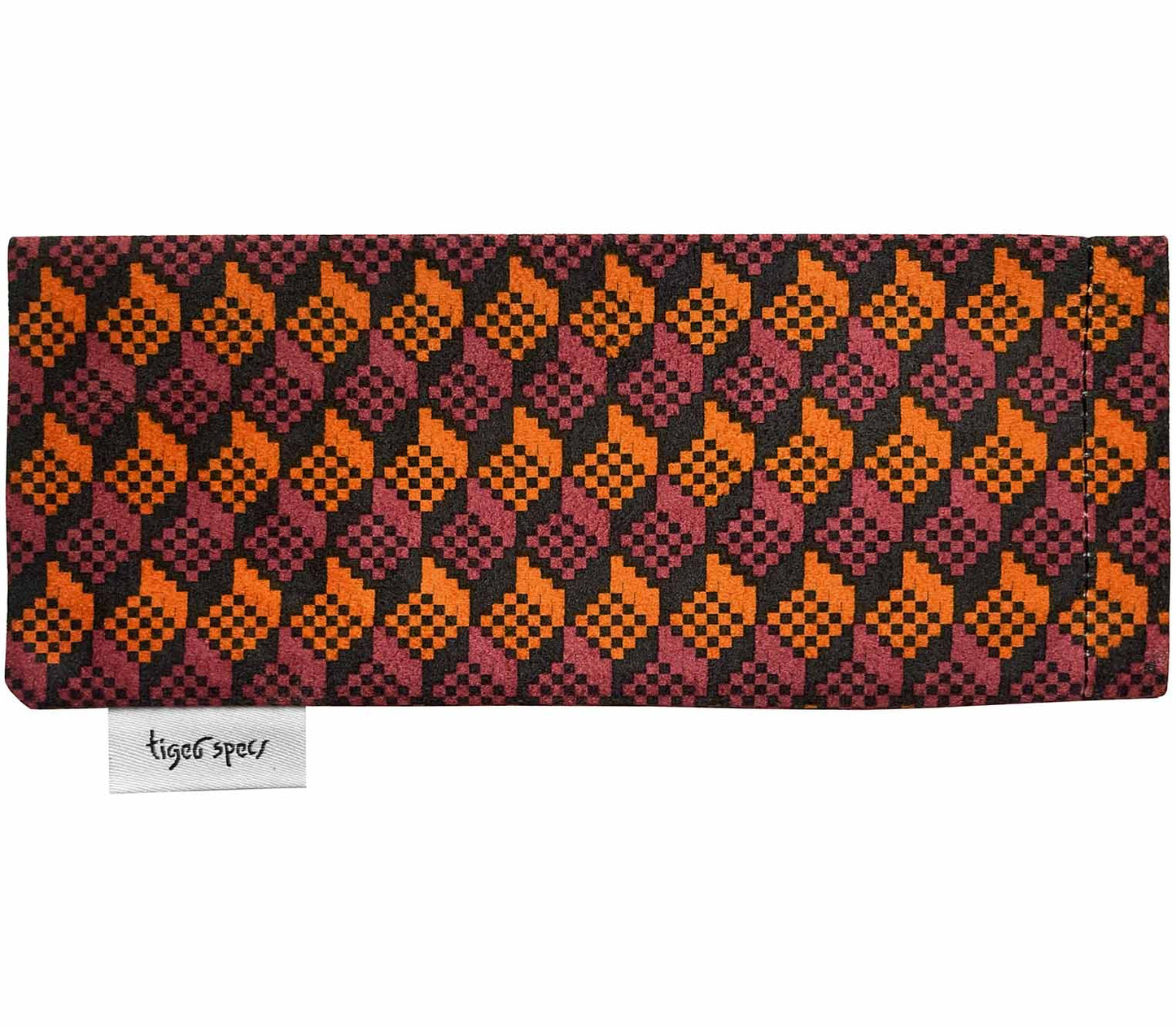 Orange and brown brick patterned soft glasses pouch with Tiger Specs branding.