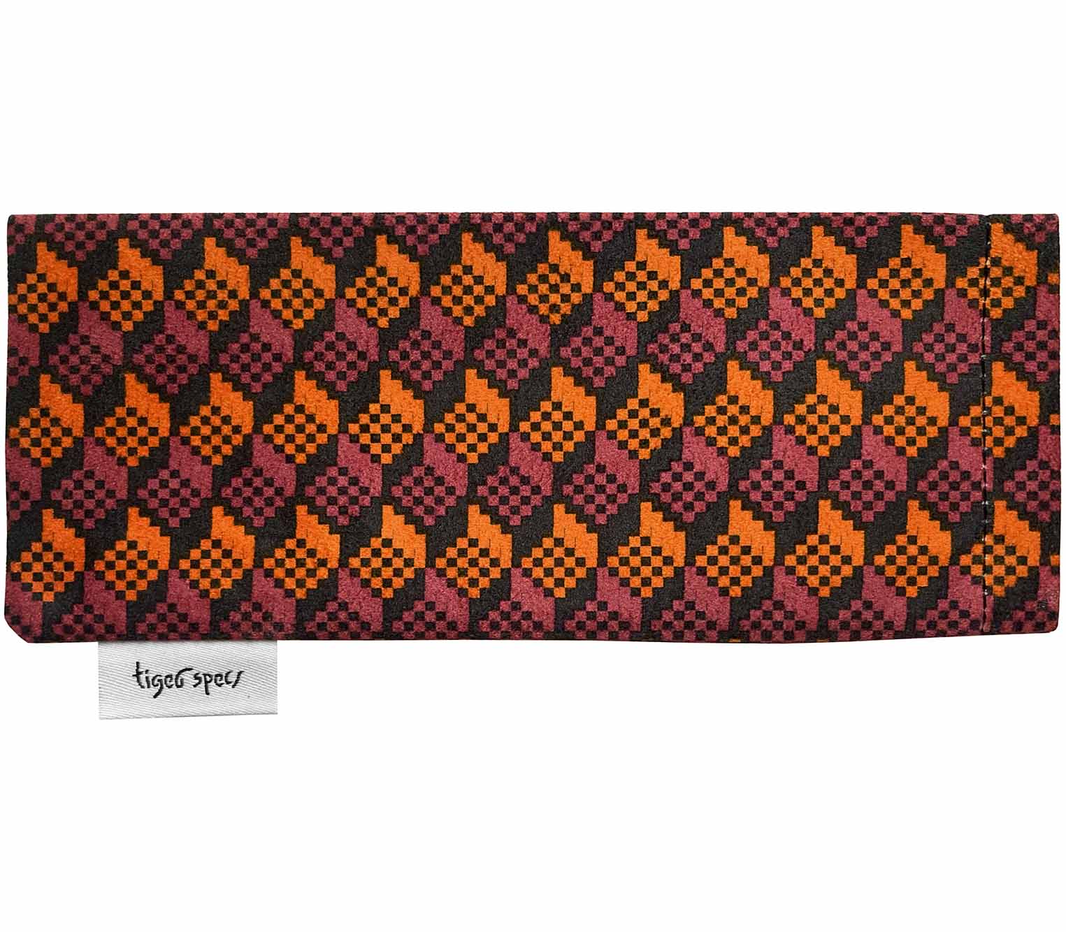 Orange and brown brick patterned soft glasses pouch with Tiger Specs branding.