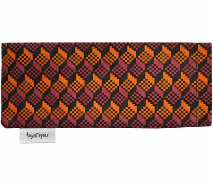 Orange and brown brick patterned soft glasses pouch with Tiger Specs branding.