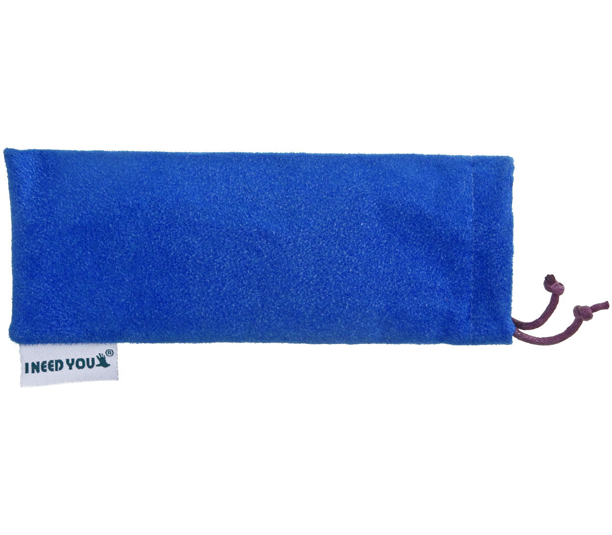 Bright blue soft glasses pouch with I Need You branding.