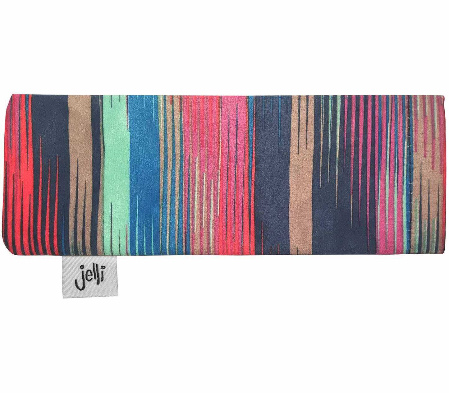 Striped multicoloured soft glasses pouch with Jelli branding.